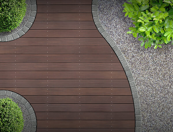 overhead view of a deck and landscaping